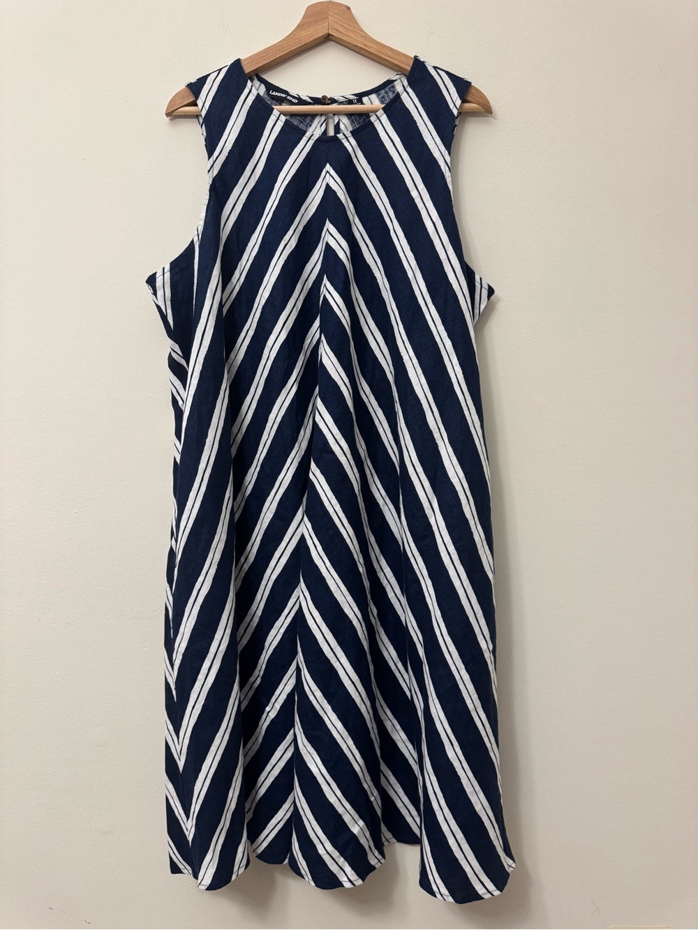 Lands' End Linen Midi Dress Size 1X Navy White Striped Sleeveless Summer Dress